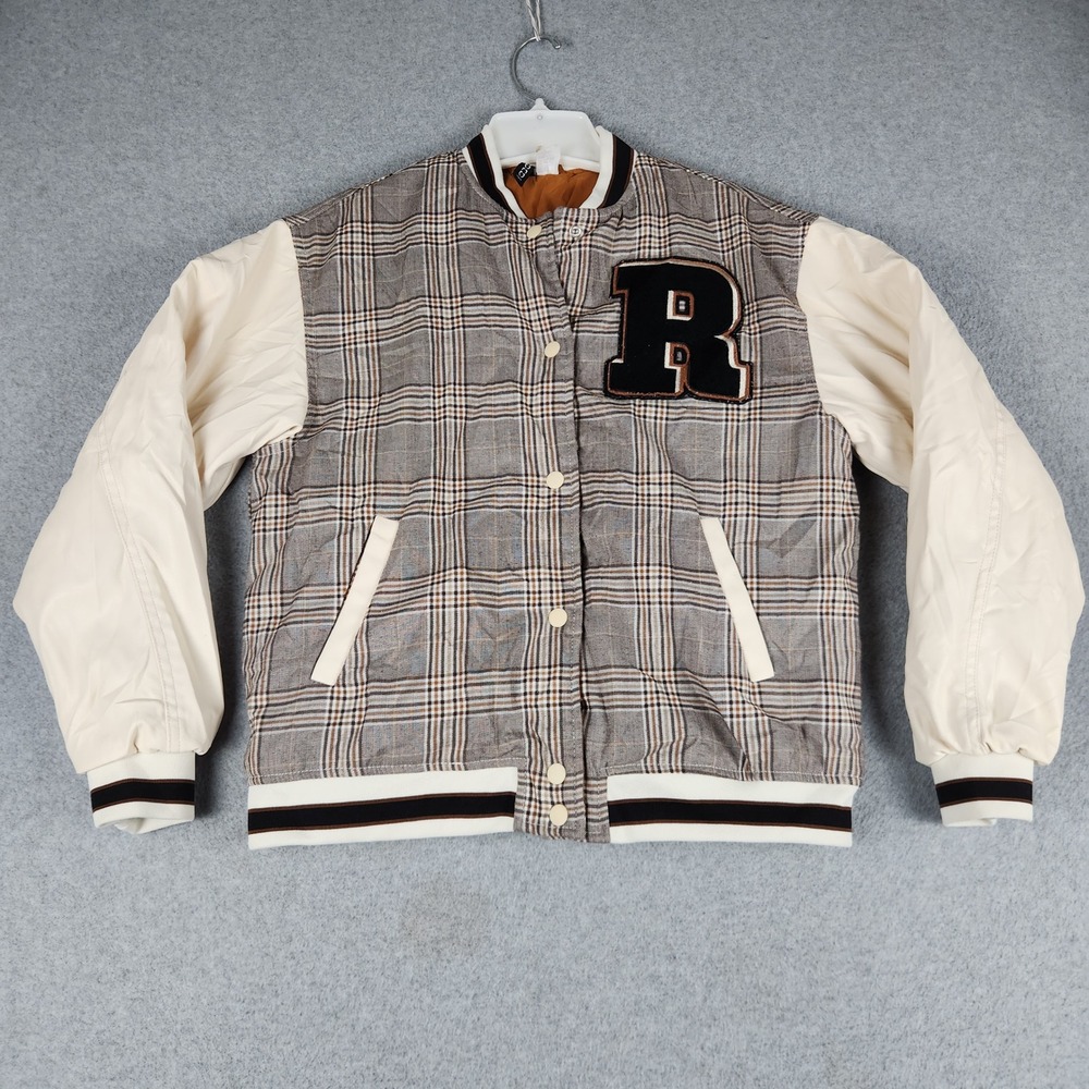 H&M Divided Letterman Varsity Jacket Womens XXS Multi Plaid Lined Snap Button